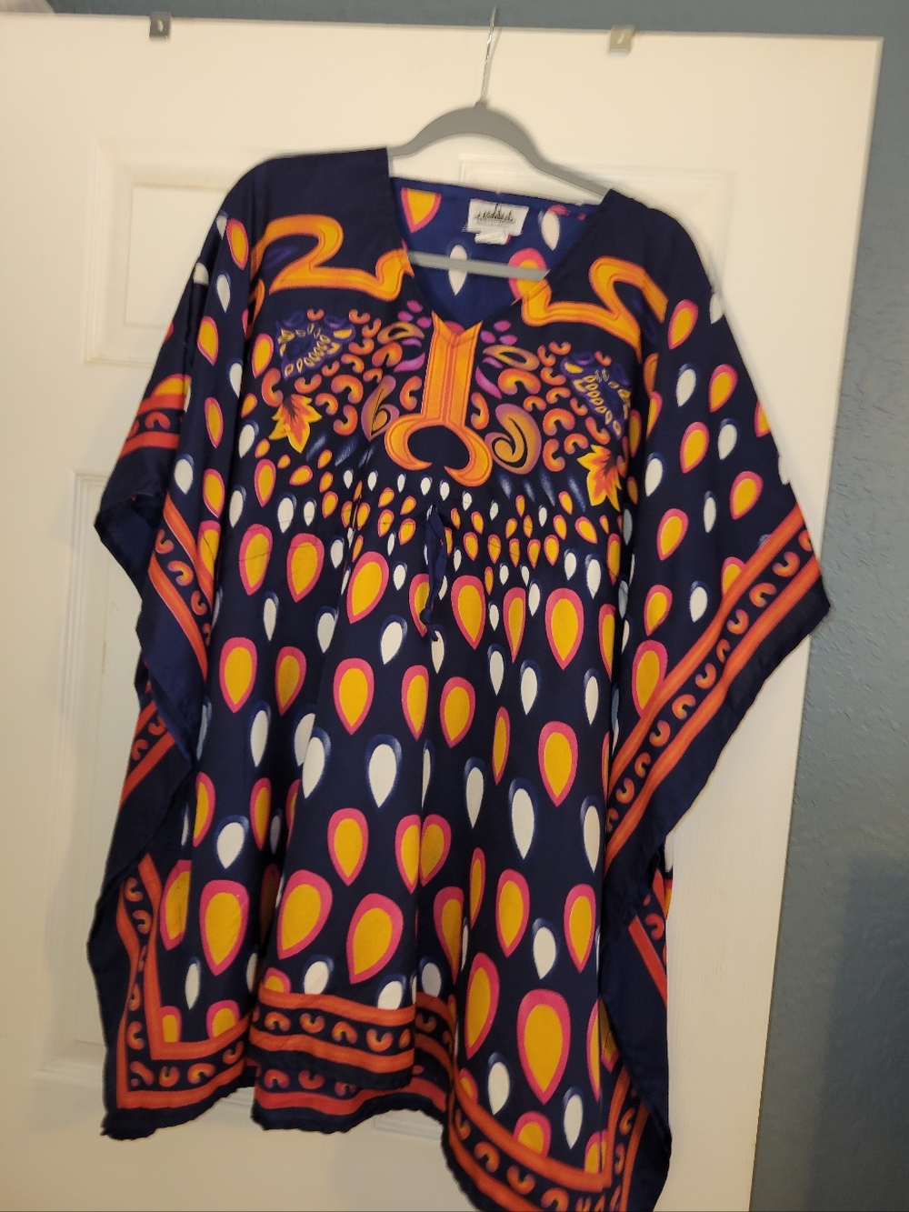 Metropolitan Blue & Orange Kimono Sleeve Blouse One Size Kaftan Beach Cover Up